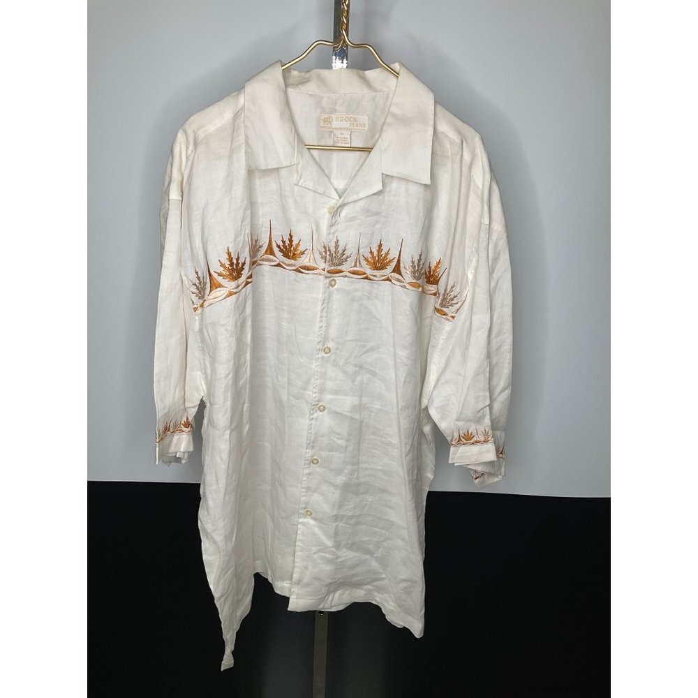 3xl Brock Jeans Beige Embroidered Leaf Linen Shirt Mens - Picture 2 of 7